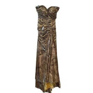 Mac Duggal Couture Metallic Gold Lame Abstract Animal Print Evening Gown Size 2